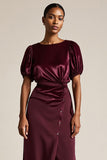 Burgundy Midi Sheath Wedding Guest Dress with Puff Sleeves