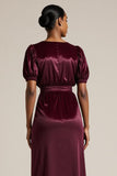 Burgundy Midi Sheath Wedding Guest Dress with Puff Sleeves
