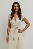 Apricot Sheath V-Neck Midi Work Dress with Sash