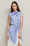 Blue Stripe Sheath Midi Work Dress with Slit