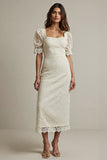 Apricot Sheath Lace Engagement Dress with Puff Sleeves