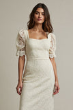 Apricot Sheath Lace Engagement Dress with Puff Sleeves