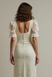 Apricot Sheath Lace Engagement Dress with Puff Sleeves
