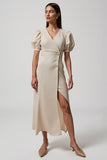 Ivory Sheath Puff Sleeve V-Neck Formal Dress with Slit