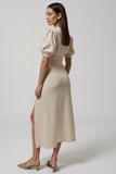 Ivory Sheath Puff Sleeve V-Neck Formal Dress with Slit