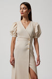 Ivory Sheath Puff Sleeve V-Neck Formal Dress with Slit