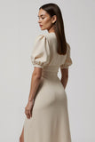 Ivory Sheath Puff Sleeve V-Neck Formal Dress with Slit