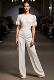 Ivory Slim Fit Work Jumpsuits with Puff Sleeves
