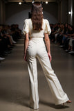 Ivory Slim Fit Work Jumpsuits with Puff Sleeves