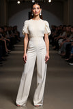 Ivory Slim Fit Work Jumpsuits with Puff Sleeves