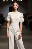 Ivory Slim Fit Work Jumpsuits with Puff Sleeves