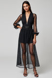 Navy A Line V-Neck Tulle Cocktail Dress with Long Sleeves