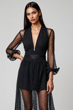 Navy A Line V-Neck Tulle Cocktail Dress with Long Sleeves