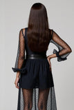 Navy A Line V-Neck Tulle Cocktail Dress with Long Sleeves