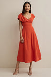 Orange A Line V-Neck Midi Wedding Guest Dress