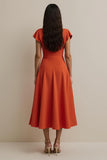 Orange A Line V-Neck Midi Wedding Guest Dress