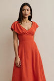 Orange A Line V-Neck Midi Wedding Guest Dress
