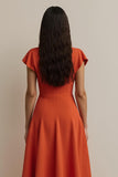 Orange A Line V-Neck Midi Wedding Guest Dress