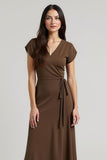 Brown A Line V-Neck Midi Wedding Guest Dress