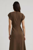 Brown A Line V-Neck Midi Wedding Guest Dress