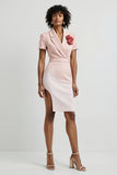 Pink Tight V-Neck Midi Work Dress with Slit