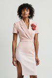 Pink Tight V-Neck Midi Work Dress with Slit