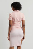 Pink Tight V-Neck Midi Work Dress with Slit