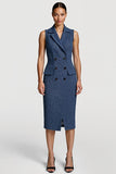 Grey Blue Double Breasted Midi Work Dress