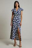 White Blue Printed A Line Wedding Guest Dress with Slit