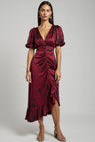 Printed Burgundy Ruffled Asymmetrical Wedding Guest Dress