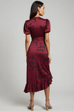 Printed Burgundy Ruffled Asymmetrical Wedding Guest Dress