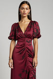 Printed Burgundy Ruffled Asymmetrical Wedding Guest Dress