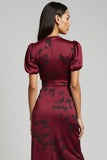 Printed Burgundy Ruffled Asymmetrical Wedding Guest Dress