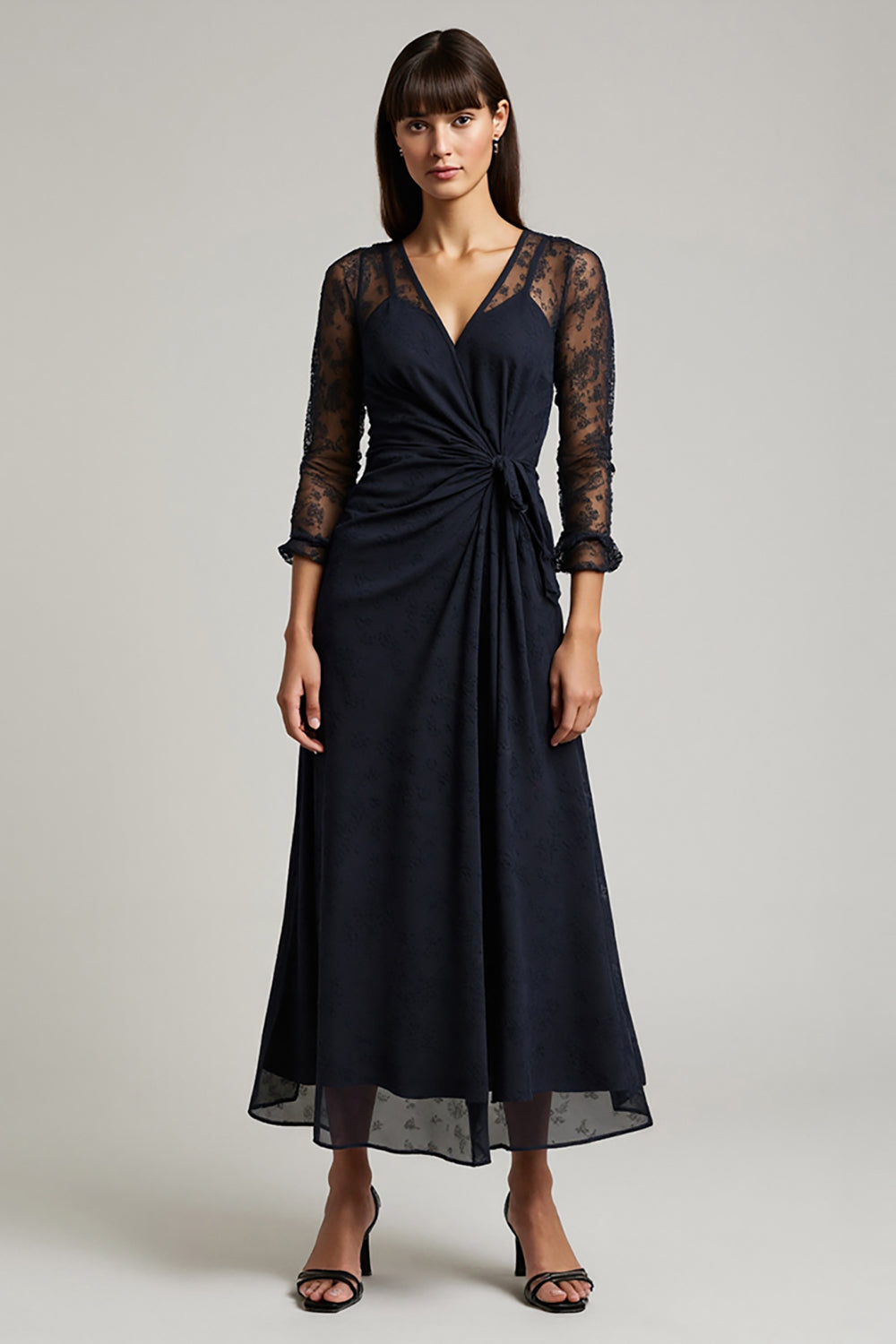 Berylove Women Navy Wedding Guest Dress A Line 3/4 Sleeve V-Neck Ruched Lace Maxi Dress, Navy / US10 Berylove Women Navy Wedding Guest Dress A Line 3/4 Sleeve V-Neck Ruched Lace Maxi Dress, Navy / US10