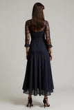 Navy A Line Lace Ruched Wedding Guest Dress with 3/4 Sleeves
