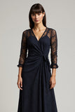 Navy A Line Lace Ruched Wedding Guest Dress with 3/4 Sleeves