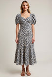 White Black Flower Puff Sleeve A Line Wedding Guest Dress