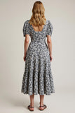 White Black Flower Puff Sleeve A Line Wedding Guest Dress
