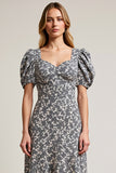 White Black Flower Puff Sleeve A Line Wedding Guest Dress