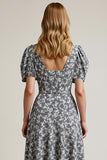 White Black Flower Puff Sleeve A Line Wedding Guest Dress