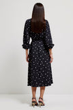 Black Ruched White Polka Dots Wedding Guest Dress with Slit