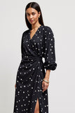 Black Ruched White Polka Dots Wedding Guest Dress with Slit