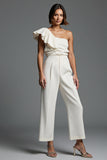 One Shoulder Ivory Ruffled Work Jumpsuits