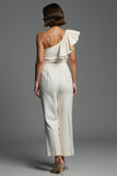 One Shoulder Ivory Ruffled Work Jumpsuits