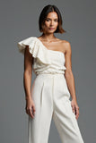 One Shoulder Ivory Ruffled Work Jumpsuits