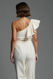 One Shoulder Ivory Ruffled Work Jumpsuits