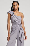 One Shoulder Grey Purple Work Jumpsuits with 3D Flowers