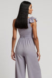 One Shoulder Grey Purple Work Jumpsuits with 3D Flowers