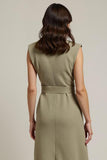 V-Neck Sheath Grey Green Work Dress with Sash