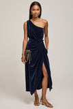 Velvet Navy One Shoulder Wedding Guest Dress with Slit